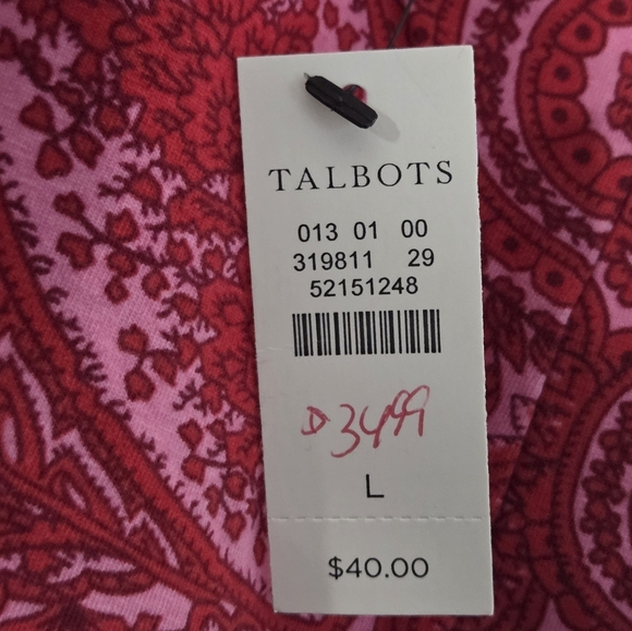 NWT Talbot's The Tee Shirt Women's L Pink & Red Paisley Long Sleeve Shirt $40 - Picture 4 of 4